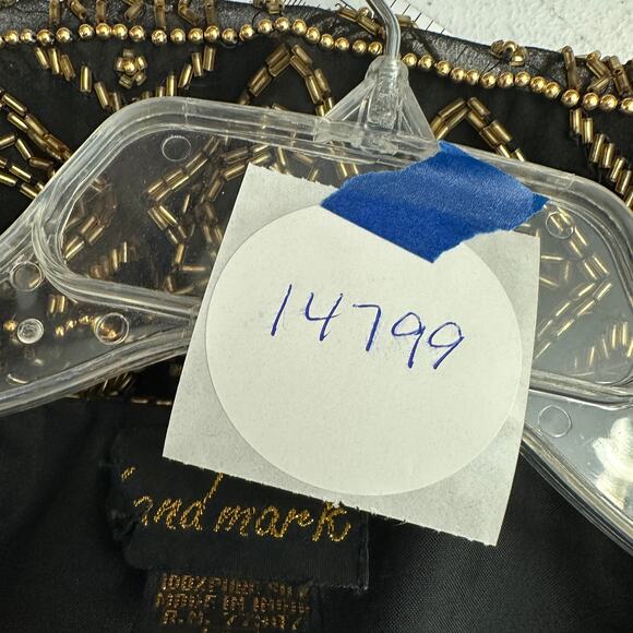 Land Mark Women Jacket Size L Silk Beaded Open Black Gold Vintage Statement Glam - Picture 7 of 7